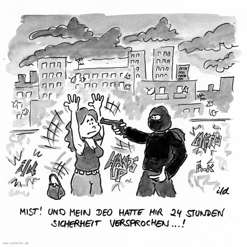 Cartoon: Falsche Versprechungen: Versprechung, Werbung, Deo, Körpergeruch, Körper, Geruch, Deodorant, Achsel, stinken, Überfall, Gefahr, Sicherheit, sicher