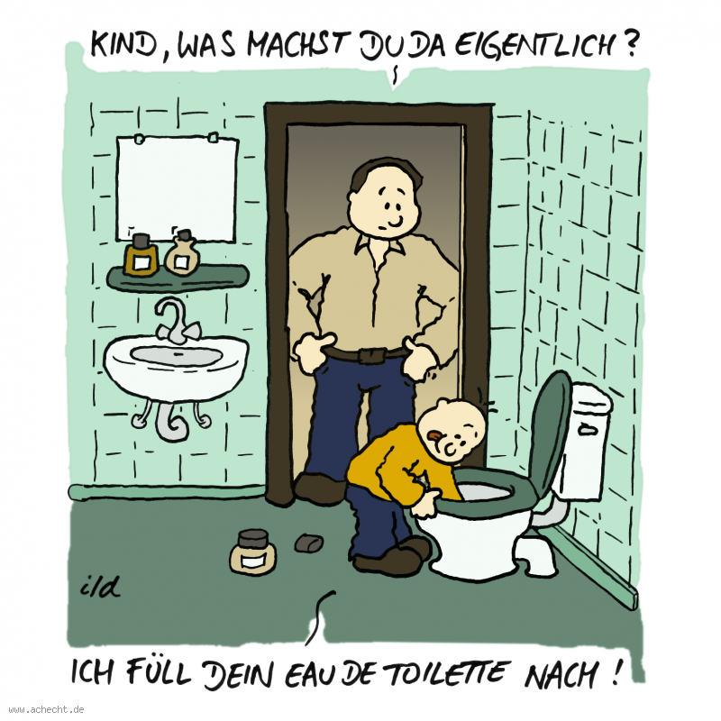 Cartoon: Eau-de-toilette (2022): Eau-de-toilette, Toilette, Klo, Nachfüllen, Auffüllen, Parfüm, Parfum, Vater, Mann, Kind, Streich, Scherz, Missverständnis