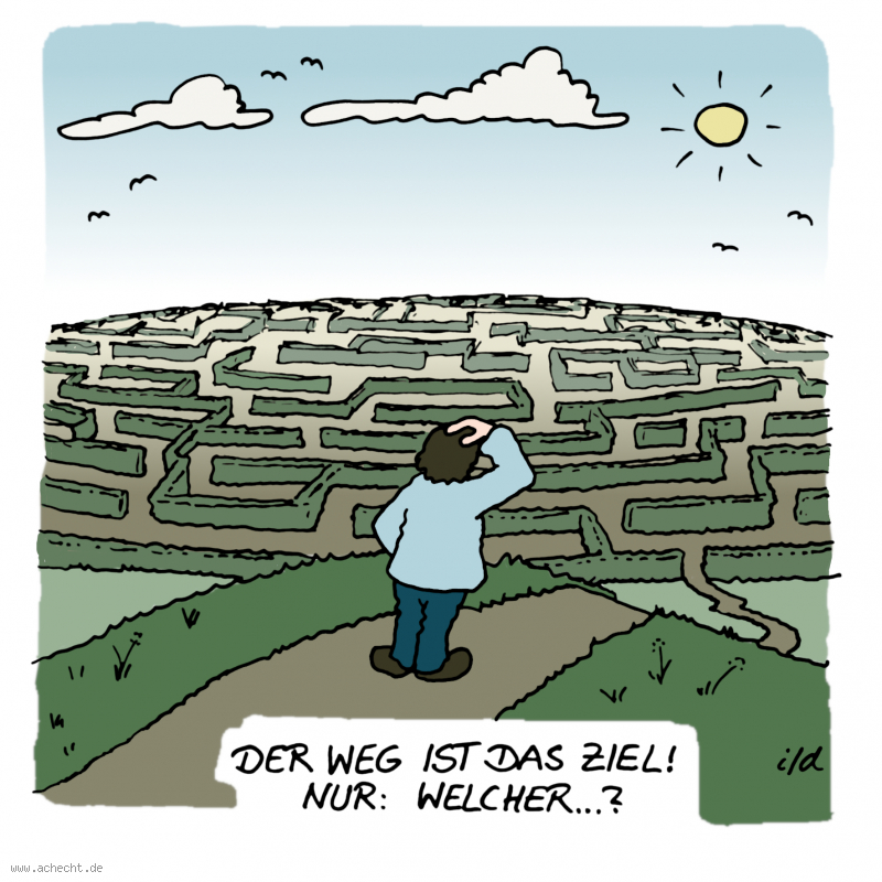 Cartoon: Welcher Weg ist das Ziel: Achtsamkeit, Spiritualität, Weg, Ziel, Entscheidung, Labyrinth, Planung